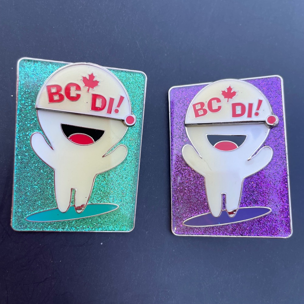 Destination Imagination BC DI Trading Pins Teal Purple Glitter Hinged Set 2pc